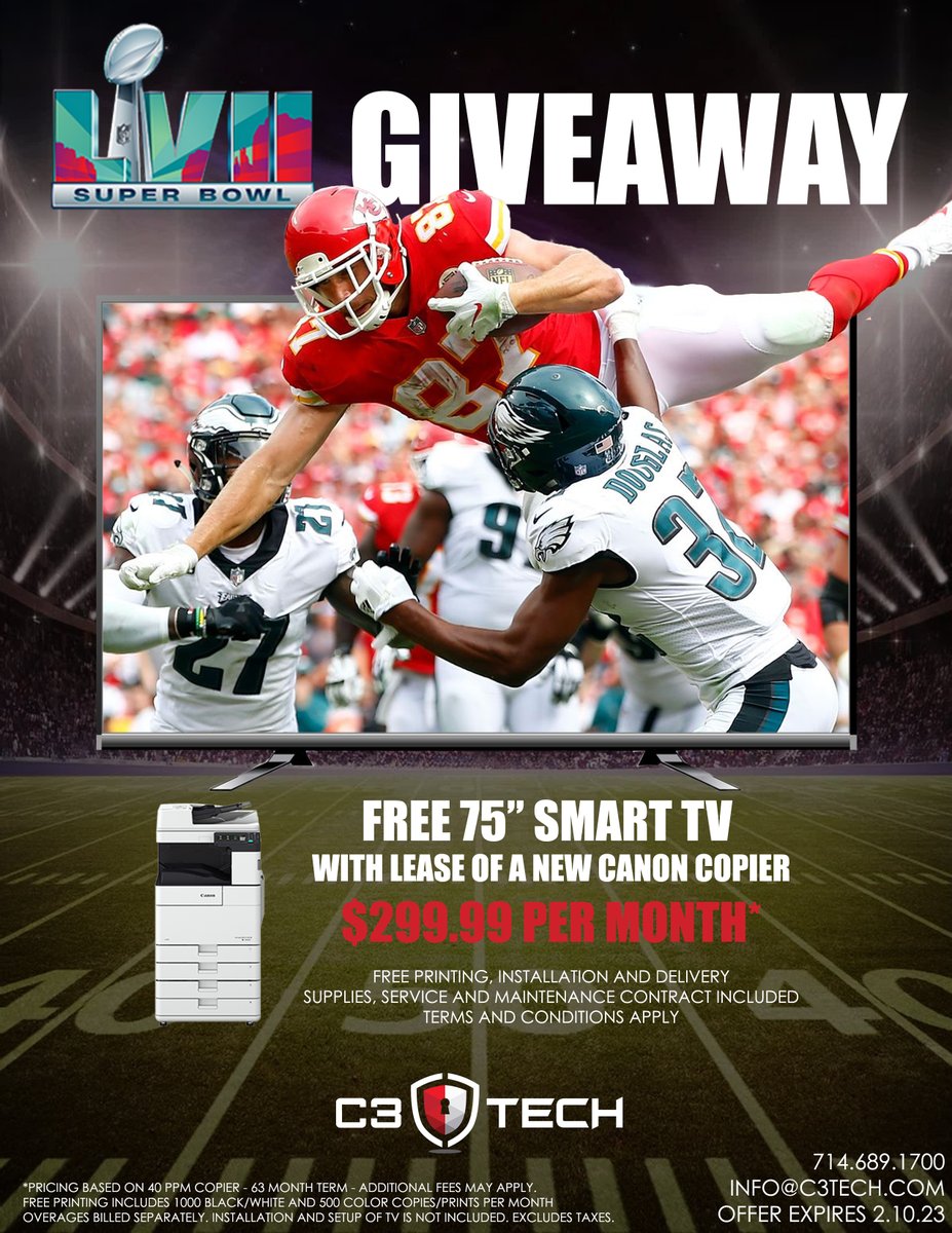 C3TechServices's tweet photo. C3 Tech is kicking off the Super Bowl season with a spectacular giveaway! Now through February 10th , lease a Canon C5840 multifunction printer and get a free 75" Smart TV! Claim your offer here: https://t.co/xqGyDMfYJj #superbowl2023 #superbowl https://t.co/22m9BCGHG2