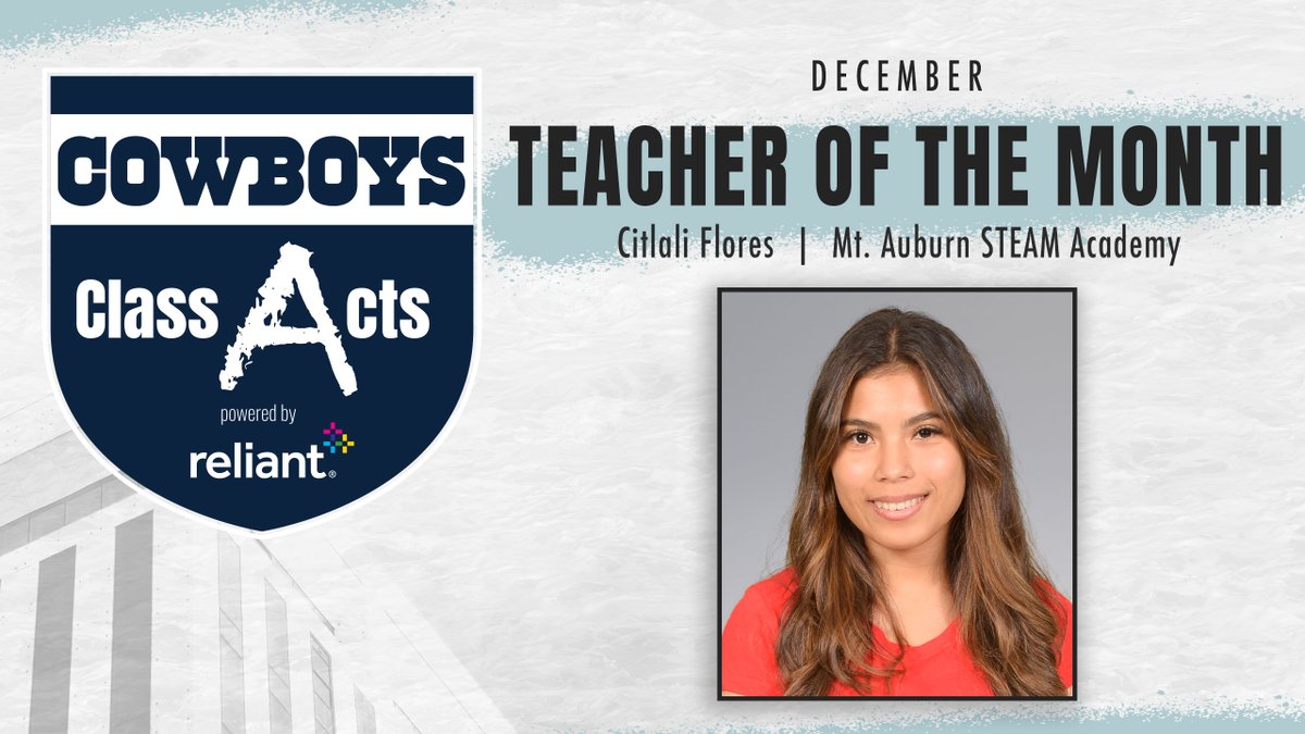 Congrats to Citlali Flores from Dallas ISD for being recognized as the December 2022 Teacher of the Month.

Citlali is honored as a part of our #CowboysClassActs Program powered by @reliantenergy for her tremendous work at Mt. Auburn STEAM Academy!

#DallasCowboys | #ReliantGives