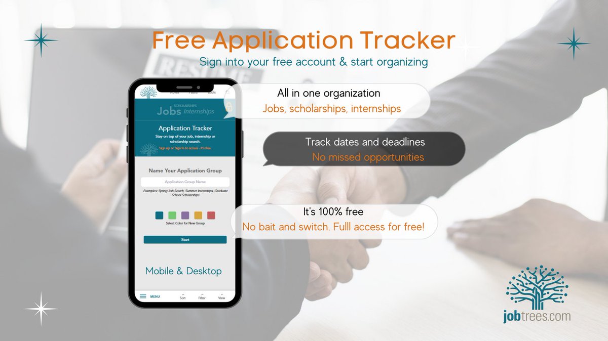 Jobtrees_com's tweet image. Did you know that we have a free application tracker to help you keep track of all the jobs, scholarships, and internships you are applying to? bit.ly/free_applicati…

#freetracker #jobtracker #applicationtracker #organized #jobseeker #applyingforjobs #getorganized #jobtrees