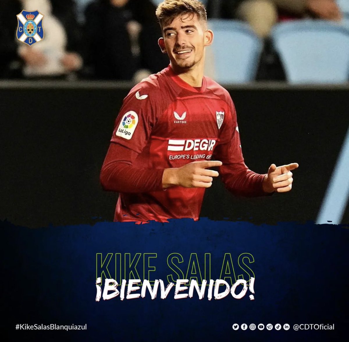 Kike Salas, difensore spagnolo classe 2002, è ufficialmente un nuovo calciatore del Club Deportivo Tenerife. Arriva dal Siviglia con la formula del prestito secco fino al termine della stagione. #Calciomercato #Sevilla #Salas #ClubDeportivoTenerife