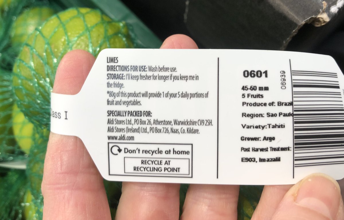 BandTRuns's tweet photo. @AldiUK trying to find #vegan limes which don’t have shellac on them. I see yours say “post harvest treatment E903, Imazalil”. Does this mean there’s no shellac and therefore they’re vegan?? https://t.co/JP8m3NHkJu