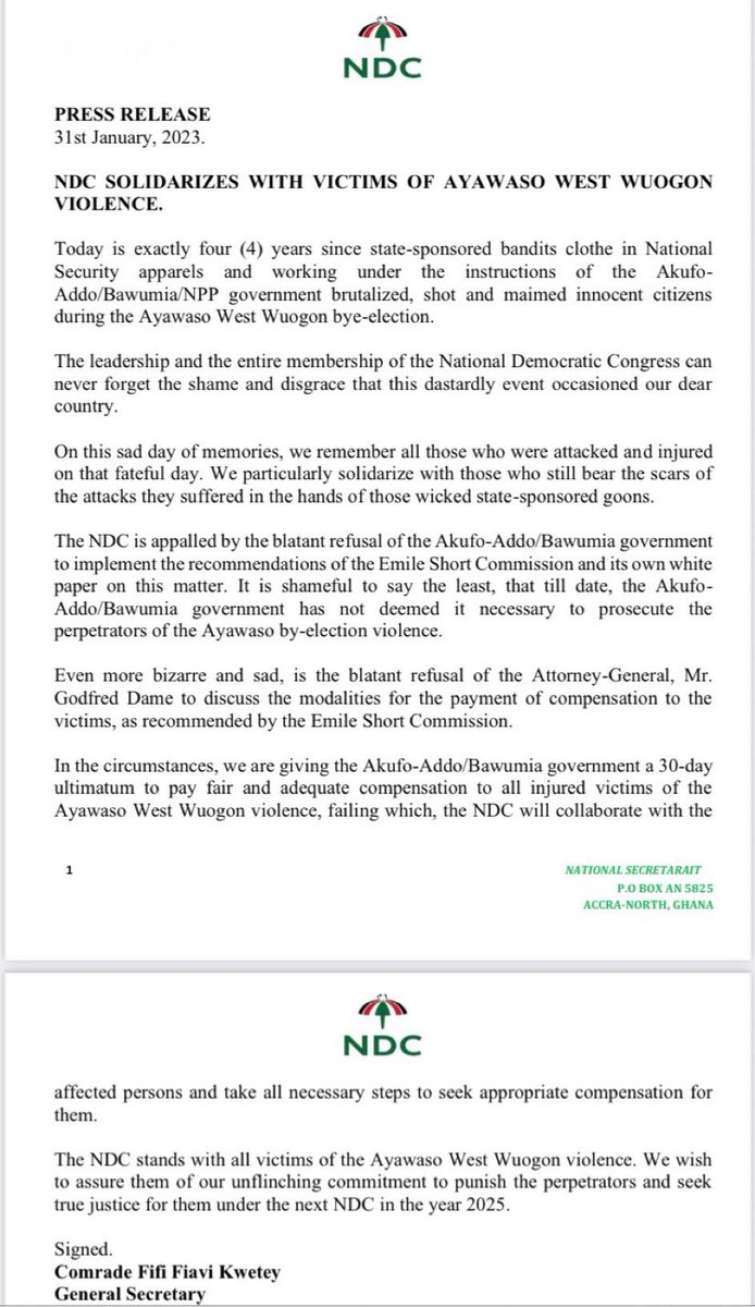 The NDC stands with all victims of the Ayawaso West Wuogon violence. We wish to assure them of our unflinching commitment to punish the perpetrators and seek true justice for them under the next NDC in the year 2025.