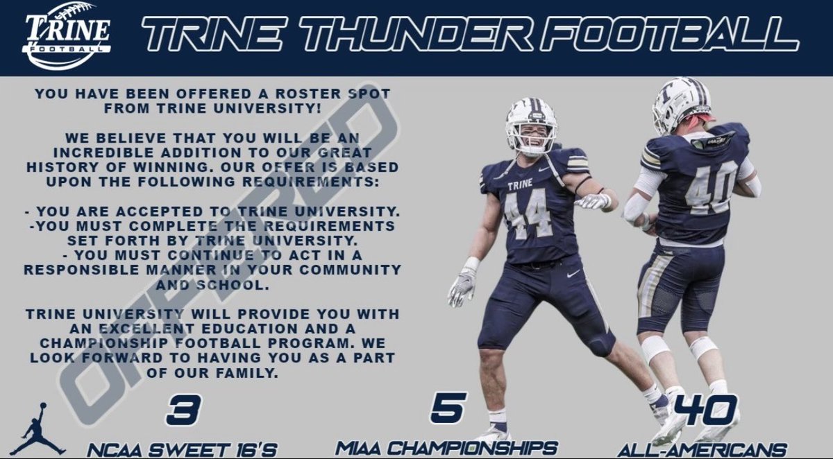 m_sekendy's tweet photo. Im blessed to receive an offer from Trine University!!🔵⚪️ I want to thank @CoachRRiley @CoachJKinsey @CoachAbbs  for the opportunity!! @TrineThunderFB https://t.co/QHnc1sr7AB