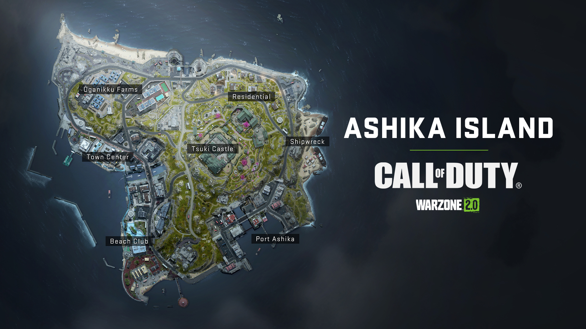 Top down picture of new map "Ashika Island", Points of interest starting top left are "Oganikku Farms", "Town Center", "Beach Club", "Tsuki Castle", "Port Ashika", "Shipwreck" and "Residential"