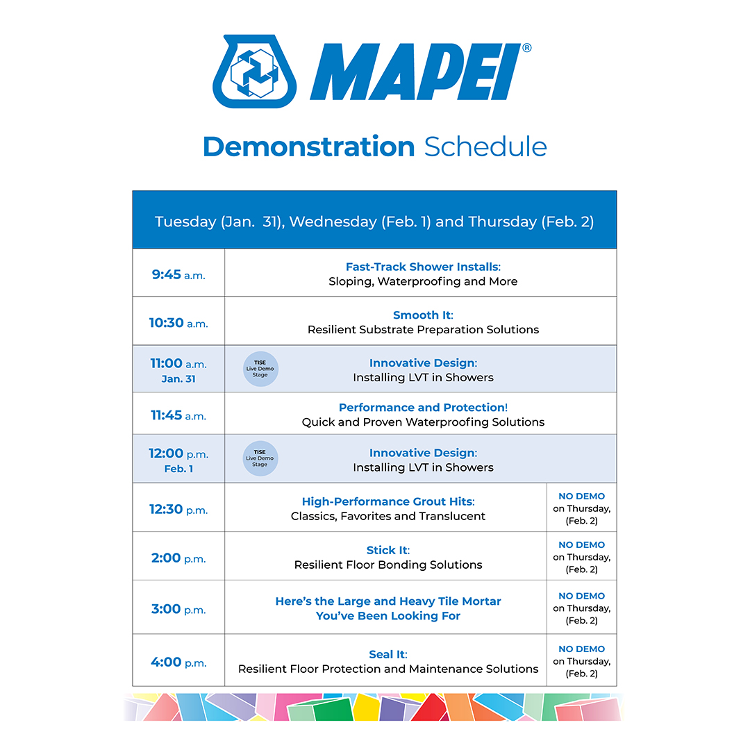 MapeiCanada's tweet photo. Stop by our booth #5647 until February 2, at The International Surface Event. Check out our demo schedule as well for #TISE2023. See you in Las Vegas!

@TISEevents 
@MAPEIUSA 

#installation #waterproofing #cementitiousflooring #grout #flooringsolutions #SurfaceEvent2023 https://t.co/pa1yUF9c5Y