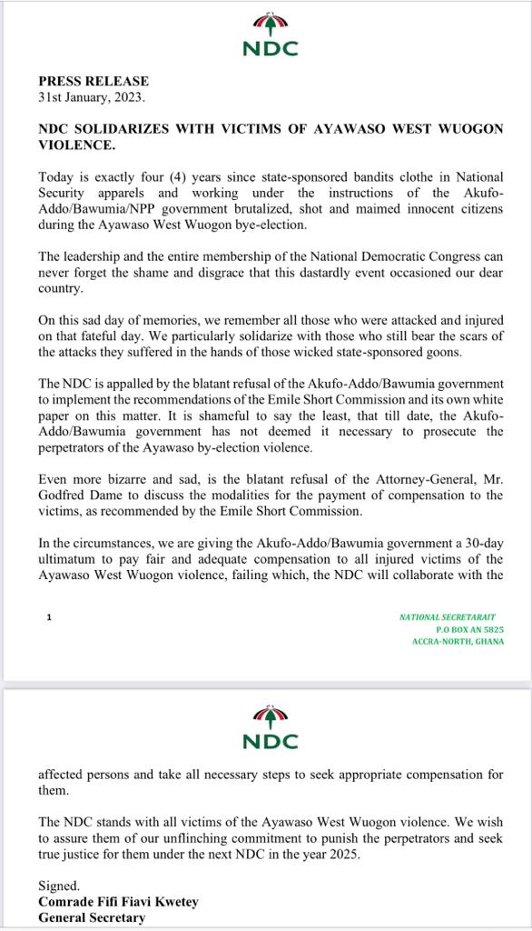 The NDC has issued this statement on the 4th anniversary of the AAW attacks by terrorists loyal to the Akufo-Addo/Bawumia government. It is to Prez Akufo-Addo's eternal shame that he allowed such horrific attacks on his own citizens because they belonged to the NDC.