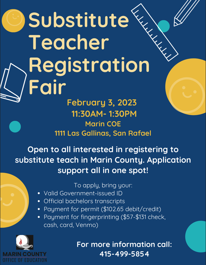 SRCSSchools's tweet photo. Learn all about substituting in our schools at the upcoming Marin County Substitute Teacher Registration Fair on Friday, Feb. 3 from 11:30 am - 1:30 pm. Anyone interested in subbing can attend - no registration required, walks welcome. https://t.co/LtggV2L7Ol