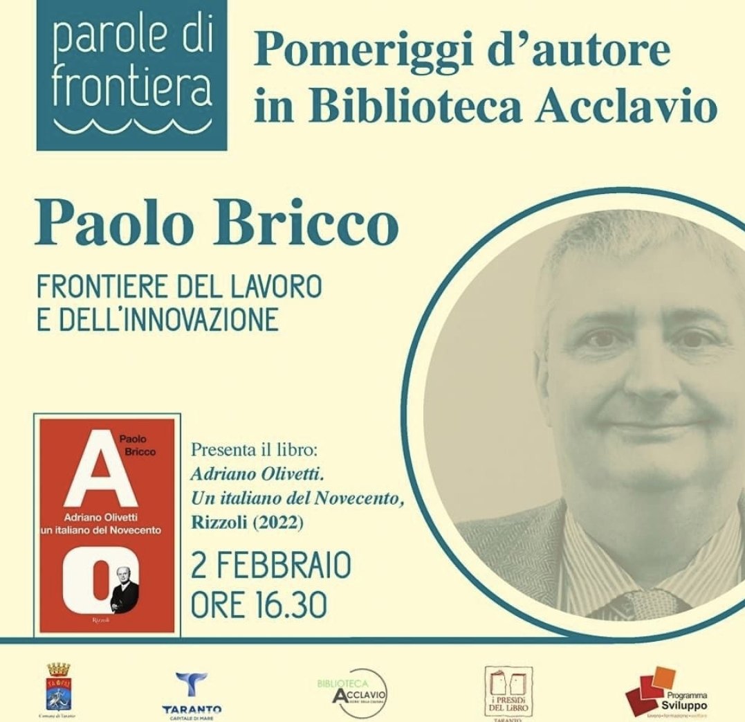 AO a Taranto! "AO. Adriano Olivetti un italiano del Novecento" (<a href="/RizzoliLibri/">Rizzoli Libri</a>) giovedi' 2 febbraio alle 16,30, alla Biblioteca Acclavio. Da Ivrea a una delle capitali industriali del nostro Paese per parlare di AO - Alfa e Omega del nostro 900 - con il collega e amico <a href="/palmiottid/">domenico palmiotti</a>