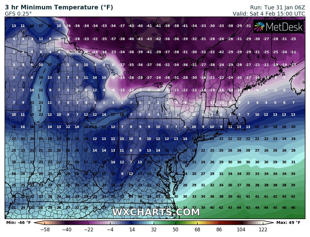 L'épisode de froid extrême bref mais intense se confirme sur l'est du Canada et NE des #USA avec des minimales de -30 à -40°C samedi et des indices de refroidissement éolien parfois proches de -50. Cartes en Fahrenheit. 