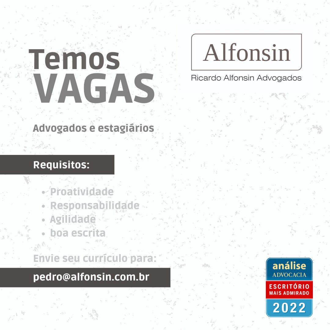 pedroalfonsin's tweet photo. Estamos contratando advogado com sólido conhecimento jurídico e habilidade em realizar tarefas nas áreas consultiva e contenciosa voltadas a demandas de direito privado.
Estamos dispostos também a receber currículo para vagas de estágio do sexto semestre em diante. https://t.co/iJaPqQbQSK