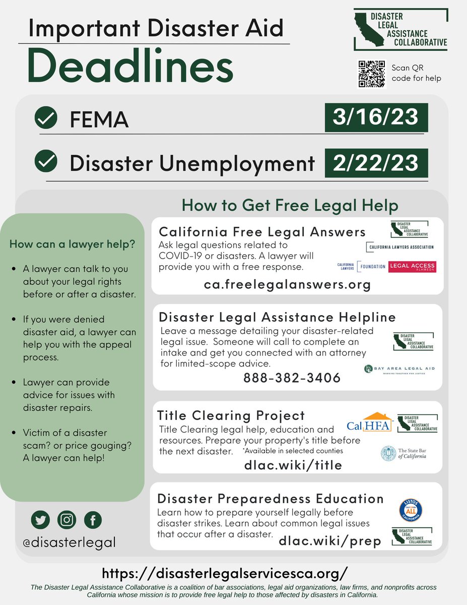 Disaster Legal Assistance Collaborative (@disasterlegal) on Twitter photo <a href="/CityofSanMateo/">City of San Mateo</a> <a href="/SanMateoPD/">San Mateo Police Department</a> <a href="/SMCFireDept/">San Mateo Consolidated Fire Department</a> <a href="/sanmateoco/">County of San Mateo</a> <a href="/amourence1/">amourence</a> <a href="/lisadiaznash/">Lisa Diaz Nash</a> <a href="/adamloraine/">Adam Loraine</a> <a href="/kevinmullin/">Kevin Mullin</a> <a href="/RepAnnaEshoo/">Rep. Anna G. Eshoo</a> <a href="/smdailyjournal/">San Mateo Daily Journal</a> <a href="/FEMARegion9/">FEMA Region 9</a> If you come across anyone that is in need of legal help because of the recent storms, please send them to us. DLAC provides free legal services to disaster survivors. We do not inquire about immigration status. <a href="/CityofSanMateo/">City of San Mateo</a> <a href="/SanMateoPD/">San Mateo Police Department</a> <a href="/SMCFireDept/">San Mateo Consolidated Fire Department</a> <a href="/sanmateoco/">County of San Mateo</a> <a href="/amourence1/">amourence</a> <a href="/lisadiaznash/">Lisa Diaz Nash</a> <a href="/adamloraine/">Adam Loraine</a> <a href="/kevinmullin/">Kevin Mullin</a> <a href="/RepAnnaEshoo/">Rep. Anna G. Eshoo</a> <a href="/smdailyjournal/">San Mateo Daily Journal</a> <a href="/FEMARegion9/">FEMA Region 9</a> If you come across anyone that is in need of legal help because of the recent storms, please send them to us. DLAC provides free legal services to disaster survivors. We do not inquire about immigration status.