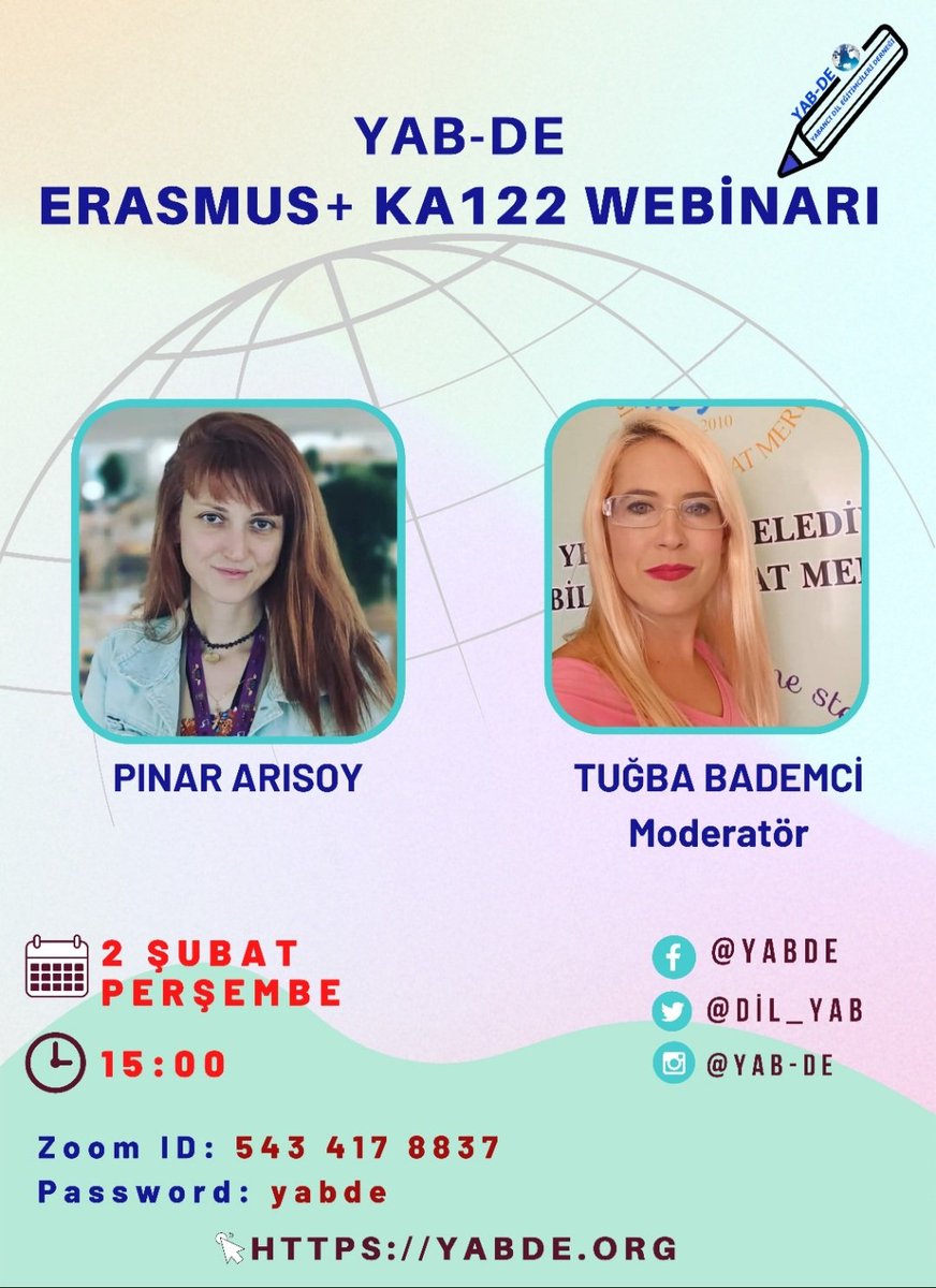 Erasmus+ KA122 Webinarımıza davetlisiniz!
2 Şubat Perşembe 15:00
Zoom ID: 543 417 8837 
Parola: yabde