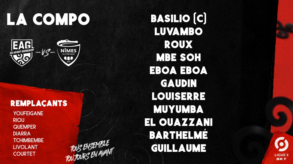 EAGuingamp's tweet photo. [#EAGNO] 📋 La composition guingampaise pour affronter Nîmes ce soir ! ⚔️

Allez les gars ! 🔴⚫️

#TeamEAG #WarRaok https://t.co/haOzAFfb9h