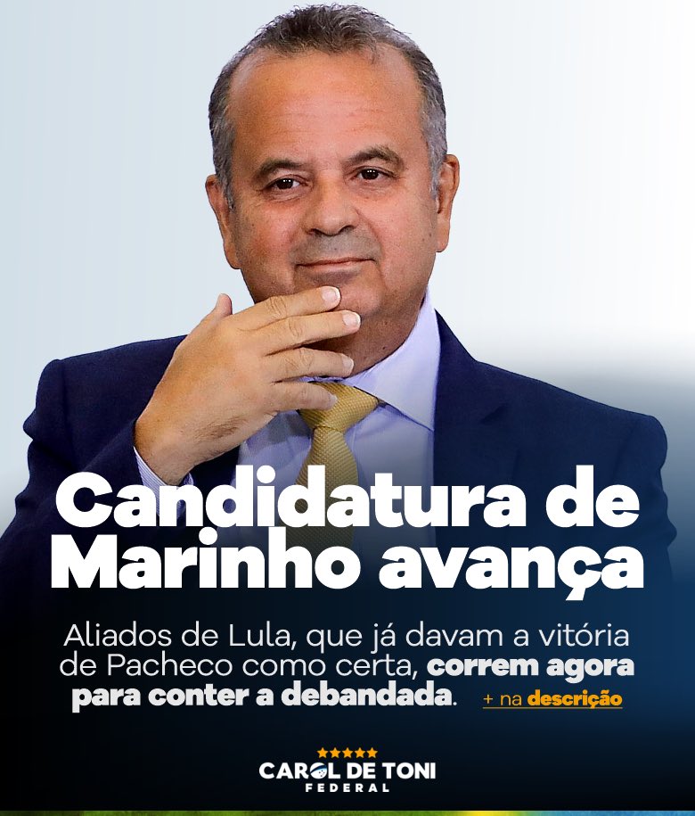 CarolDeToni's tweet photo. Candidatura de Rogério Marinho avança e recebe apoio popular, enquanto a de Pacheco recua e é alvo de abaixo-assinado contrário com centenas de milhares de signatários.

Lula e aliados agora correm para estancar a debandada.
⤵️ https://t.co/znuCg21KCC