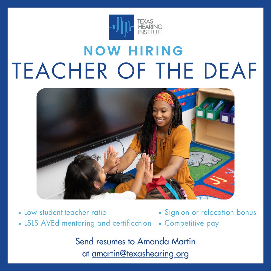 Join our dynamic team today! The Melinda Webb School is hiring Teachers of the Deaf. Submit your resume to Amanda Martin at amartin@texashearing.org.

For more information, visit
easyapply.co/job/teacher-of….

#TexasHearingInstitute #ExpertsinHearingLoss #TeacheroftheDeaf #Hiring