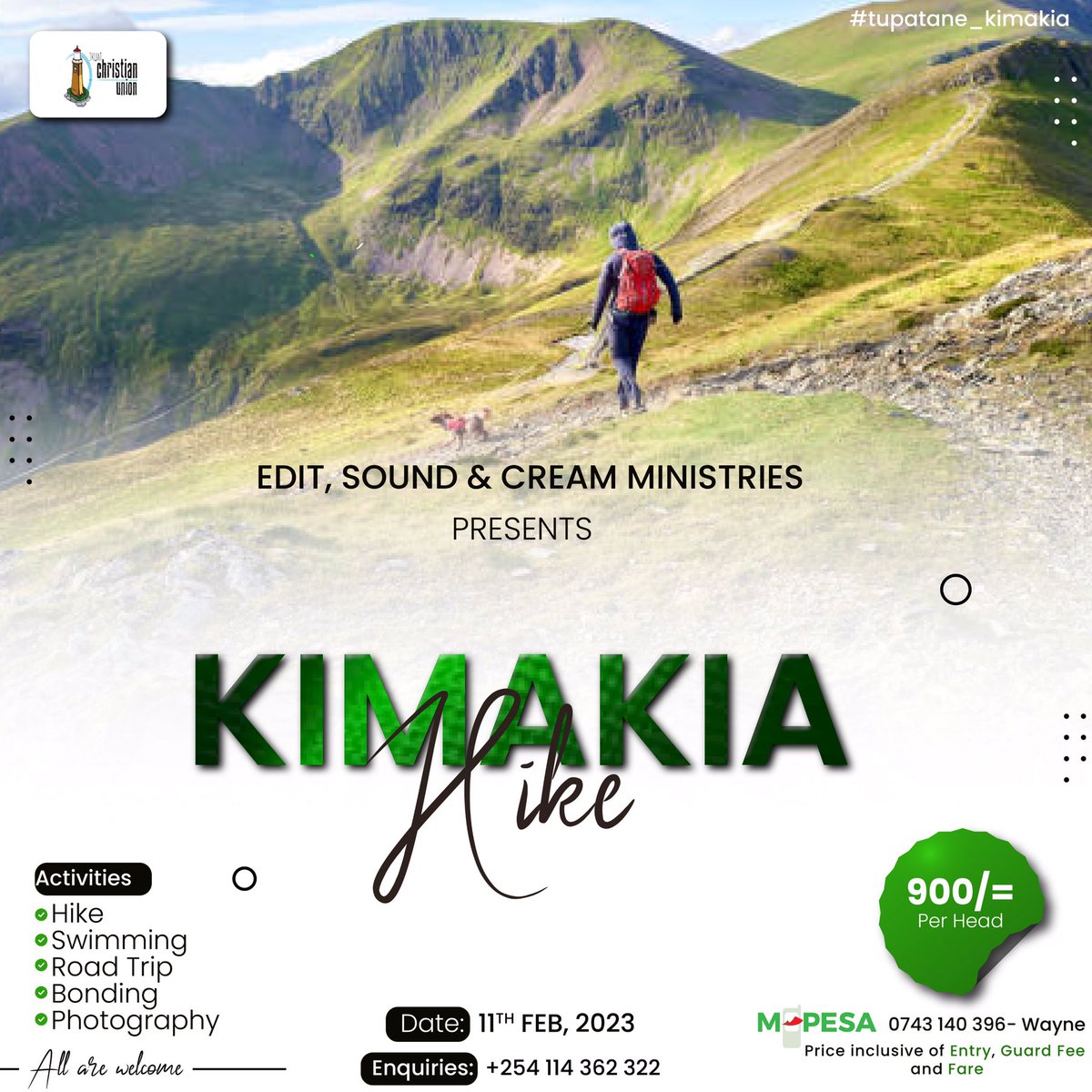 In Conjunction with Sound and CREAM Ministries, We are Happy to invite you to our HIKE at KIMAKIA HILLS On 11th 🥳🤩