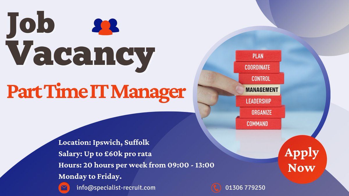 Part Time IT Manager vacancy alert! 🚨 

APPLY TODAY: jobs.specialist-recruit.com/job/part-time-…

#ITManagerJobs #UKITManagerJobs #UKJobs #ITJobs #UKITJobs #UKManagerJobs #ManagerJobs #Recruiting #Hiring #FullTimeUKJobs #IpswichJobs #SuffolkJobs