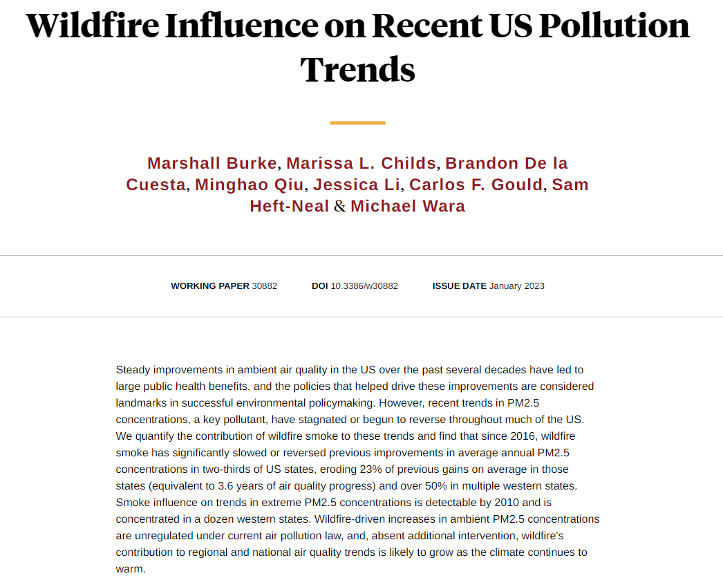 Improvements in air quality are slowing or being reversed in the US, and wildfires are substantially to blame, from @MarshallBBurke, Marissa L. Childs, Brandon De la Cuesta, @minghao_qiu, Jessica Li, Carlos F. Gould, Sam Heft-Neal, and Michael Wara nber.org/papers/w30882