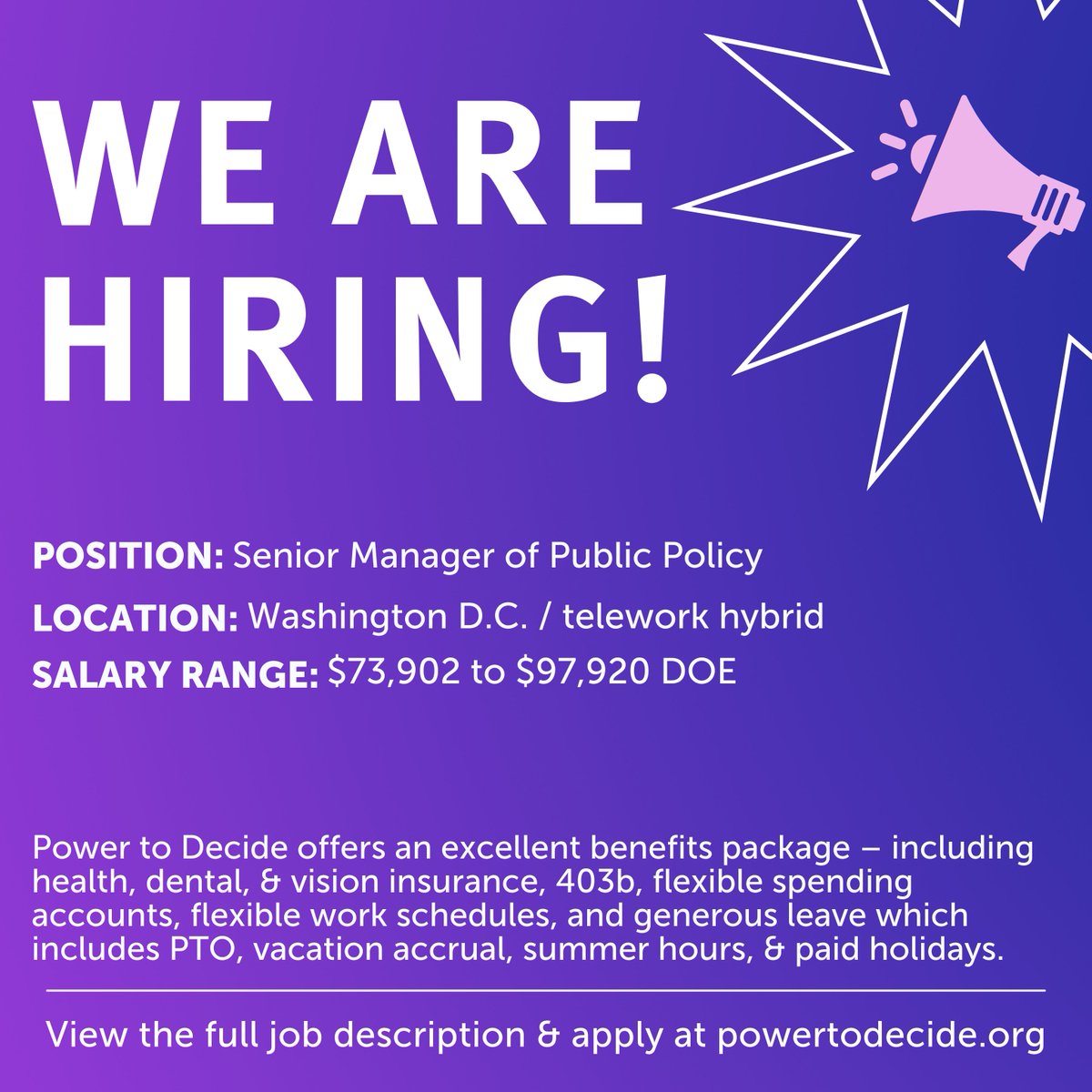 NOW HIRING! We are currently looking for a Senior Manager of Public Policy  to join our team at Power to Decide! 

Check out the full job description and share with your networks: powertodecide.org/about-us/work-… #hiring #reprojobs #policyjobs