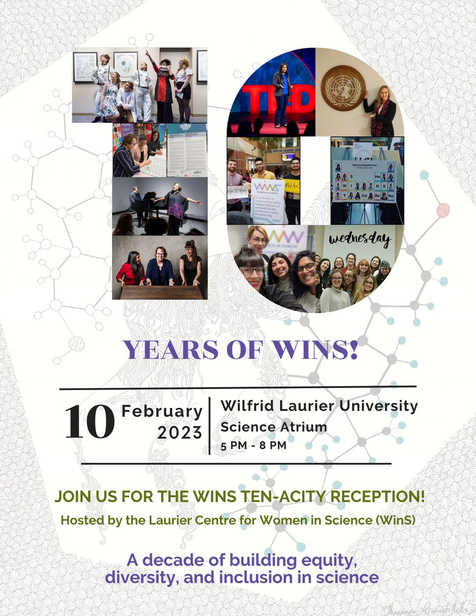 10 Years of WinS The WinS Ten-acity Reception February 10, 2023, 5 PM, Science Atrium, Wilfrid Laurier University - Explore our top ten WinS moments - Get involved in our next ten WinS projects Refreshments for mind and body will be provided. eventbrite.ca/e/514988423237