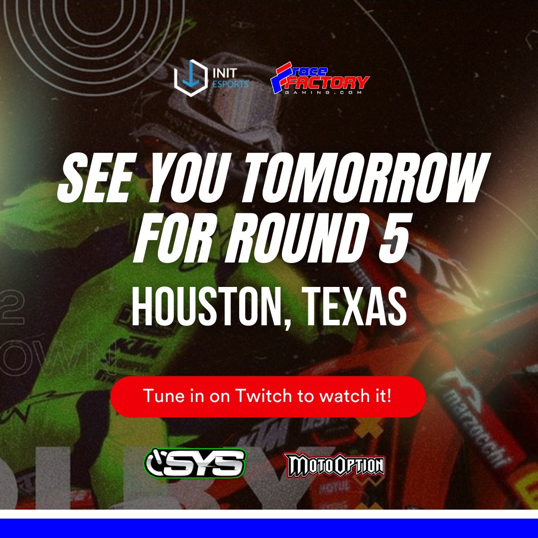 init_esports's tweet photo. See you all tomorrow for Round 5 at Houston, Texas. Coverage begins at 6:15pm Pacific/9:15 Eastern, tune in on Twitch so you won't miss the action. 😁
#mxs #mxsim #mxsimulator #motocross #supercross #dirtbikes #dirtbike #thisismoto #dirtbike #initesports #racefactorygaming https://t.co/MKTytmYZuo