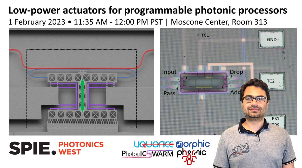 Come see the presentation of @UmarKhan7070 from @PhotonicsUGent at @PhotonicsWest
on low-power silicon photonic phase shifters using MEMS devices and liquid crystals. 11:35 -  1 February - Room 313 - @H2020_Morphic @Phormic_EU @ERC_Research @imec_int @QLAB_EPFL @KTHuniversity