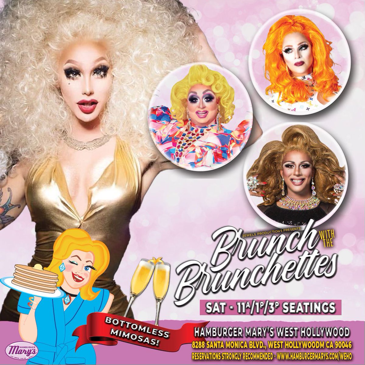 SATURDAY BOTTOMLESS MIMOSA BRUNCH!!! 3 Seatings - 11am, 1pm and 3pm. Bottomless mimosas and delicious food! This week, join Misty Violet, Ms Luna, Sparkle Stone and Trinna Modele for BRUNCH WITH THE BRUNCHETTES!
Make reservations now online! It's
MIMOSA TIME!