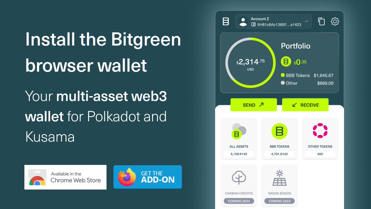 BitgreenNetwork's tweet image. Bitgreen released its browser wallet for the @Polkadot  ecosystem yesterday! This wallet will be able to host any Substrate-based token or crypto as well as tokenized commodities and other assets. Available on Chrome and Firefox bitgreen.org/blog/browser-w…