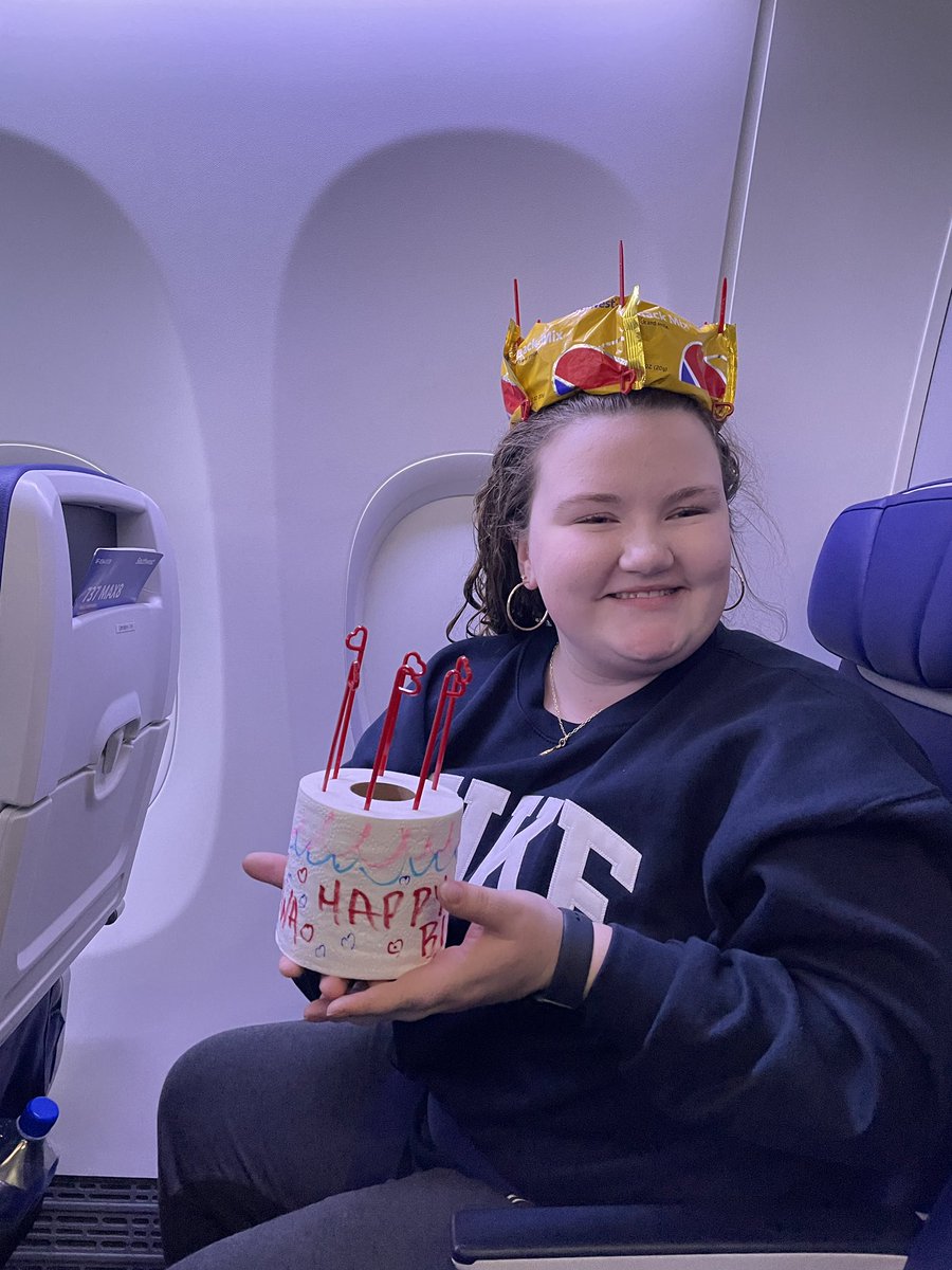 JasonCamis's tweet photo. Shout out the awesome flight attendants on @SouthwestAir today who gave my daughter a toilet paper bday cake, a crown made of snack mix, and a goody “barf” bag  AND convinced an entire plane to sing for her 16th birthday. Just another reason we love Southwest Airlines! https://t.co/jZbB3SpCPO