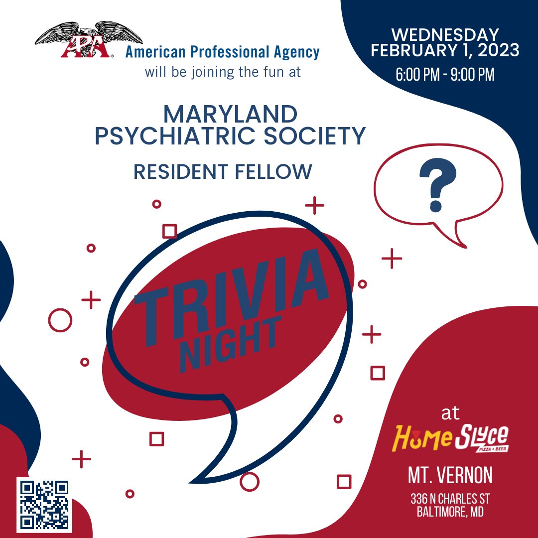 Join the fun: Home Slyce, Mt. Vernon, MD tomorrow, Feb 1. Maryland Psychiatric Society Resident Fellow Trivia Night! #AmericanProfessionalAgency #TriviaNight #Trivia #LiabilityInsurance #MalpracticeInsurance #MentalHealth #mentalhealthprofessional #psychiatry #psychiatryresident