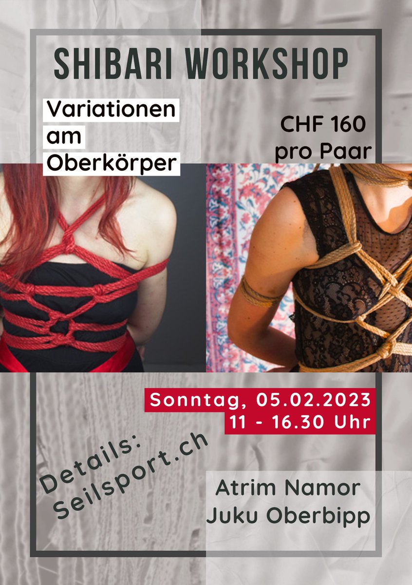 Möchtest du was neues lernen?
Dann ist dies DER Workshop für dich.
Alle Infos auf seilsport.ch 

#shibari #kinbaku #bondage #atrimnamor #rope #workshop