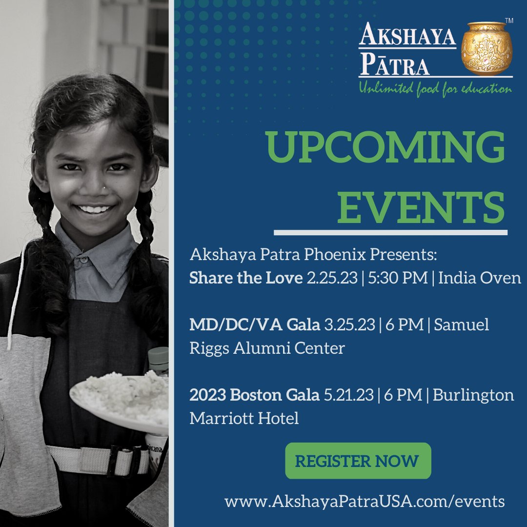 AkshayaPatraUSA's tweet photo. Unite with us to end classroom #hunger in India! Our upcoming events offer a chance to connect with fellow change makers while making a difference in the lives of children. Your support goes a long way in providing nutritious meals. #EndClassroomHunger https://t.co/KKNzw3eiep https://t.co/VanrZs7BtQ