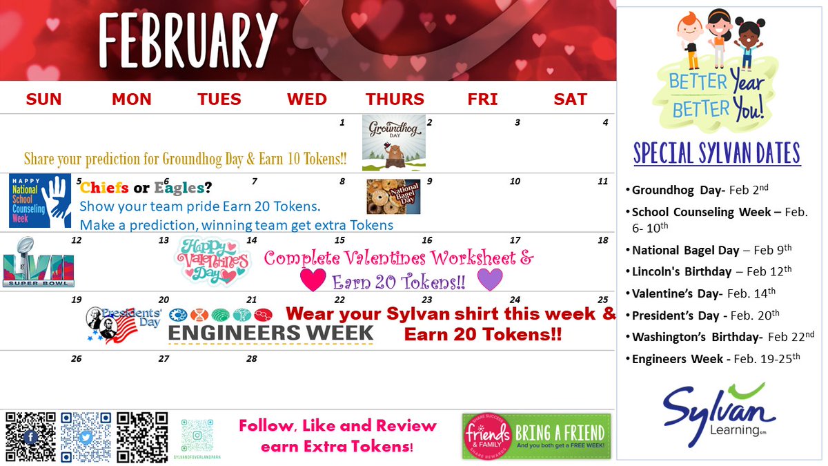 Don't miss out at earning all the Tokens ⚪ possible. 
Make February 💝 the month you earn it all🏆. 
#sharethelove #freindsandfamily #February #February2023 #calander #sylvanlearning #tutoring #tutoringworks #tutoringcenter #thesylvanway