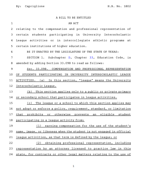 BralyKeller's tweet photo. As anticipated, Texas's #NIL law is being pushed toward amendment after the 2022 legislative leave.

Introduced yesterday, the change could set the floor for receiving deals at 18 years old.

Notable impact for the HS #NIL front as this defines regs for a state with ~1M athletes. https://t.co/cLbFPdT5xR