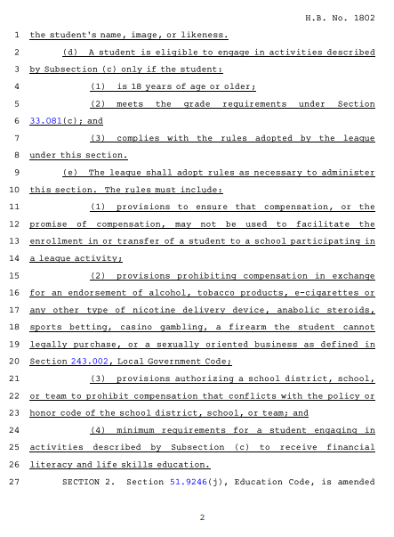 BralyKeller's tweet photo. As anticipated, Texas's #NIL law is being pushed toward amendment after the 2022 legislative leave.

Introduced yesterday, the change could set the floor for receiving deals at 18 years old.

Notable impact for the HS #NIL front as this defines regs for a state with ~1M athletes. https://t.co/cLbFPdT5xR