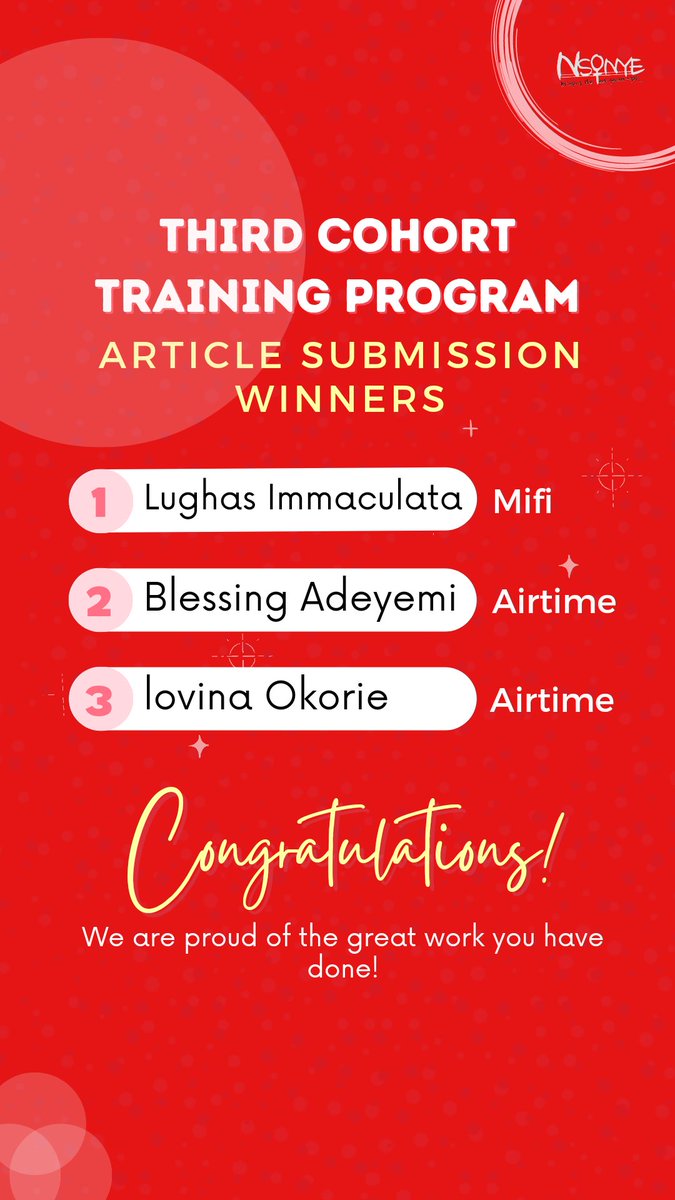 We are excited to officially bring our third cohort training program to an end🚀🎉

Here are our winners from the projects and articles they worked on in the capstone phase of the training. Check out links ⬇️

#WomeninTech
#Nsonyetotheworld
#YouthMobilize