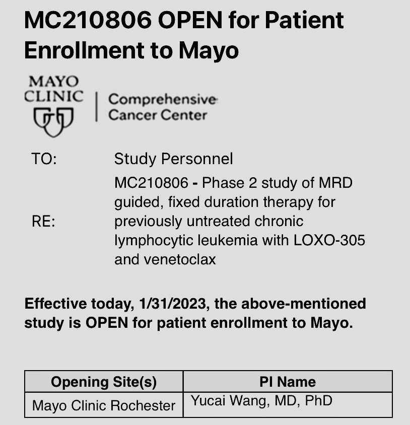 MIRACLE, an investigator-initiated study of MRD-guided, time-limited frontline therapy with pirtobrutinib and venetoclax for CLL/SLL, sponsored by @LoxoLillyOnc, is now open @MayoCancerCare. clinicaltrials.gov/ct2/show/NCT05…