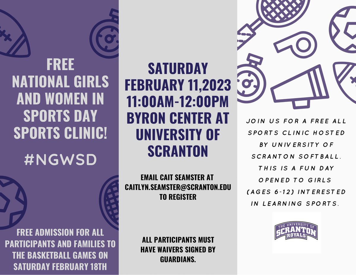 Scranton is hosting a Free National Girls and Women in Sports Day Sports Clinic on Saturday, February 11th at 11am. #girlpower #NGWSD2023 #scrantonsoftball #royalstrong #futureroyalsinthemaking #womeninsports