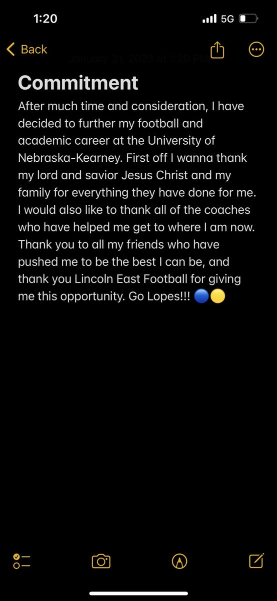 Committed. <a href="/CoachRHeld/">Ryan Held</a>  <a href="/Coach_CEllis/">Colby Ellis</a> @TheGodfather_O <a href="/Pick6_Lee/">Eric Lee</a> <a href="/CoachM_Harper/">Moses Harper</a> <a href="/UNK_Football/">UNK Football</a>  <a href="/LEHS_FB/">Lincoln East Football</a> #Lopesup 🔵🟡 #AGTG
