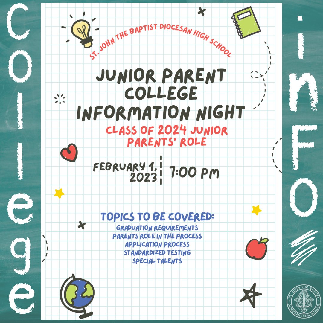 Calling all Junior Class Parents! We are hosting a Junior Parent College Information Night this Wednesday, February 1st at 7:00 p.m.📝 #SJBDHS #CollegeInformation #College #CatholicHighSchool #HighSchool #Juniors #Classof2024