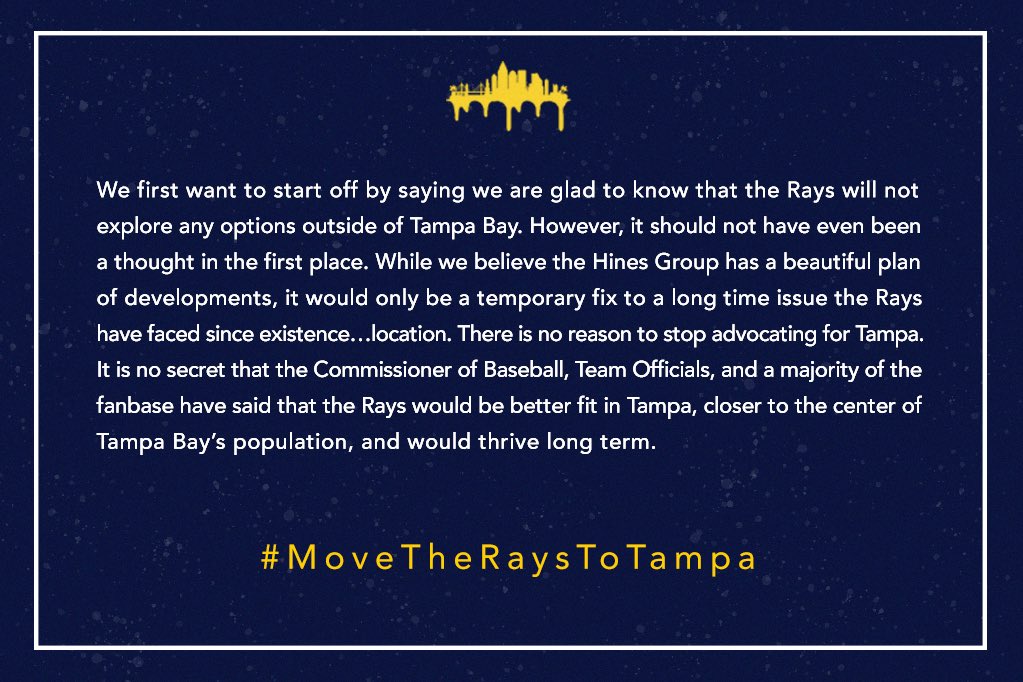 Members of the Tampa Bay Rays fanbase have issued the following joint statement: 

(1/2) 

#MoveTheRaysToTampa