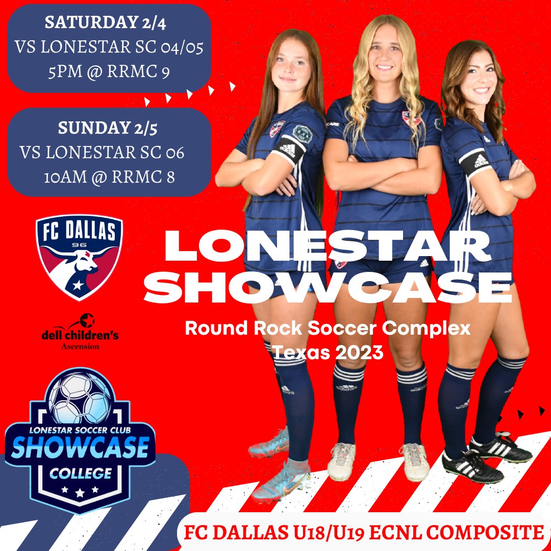 Come out and watch the top U19 ECNL-RL team in Texas competing in the Lonestar College Showcase this weekend!

Feb 4 @LonestarFC 04/05 RRMC Field 9 at 5pm
Feb 5 @LonestarFC 06 RRMC Field 8 at 10am

Lets go girls!

@FCDwomen #DTID