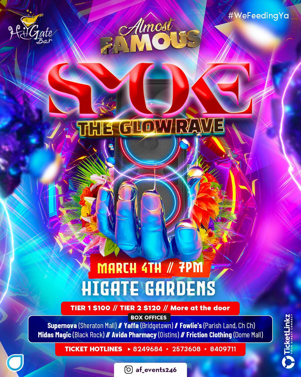 Tickets for Smoke the Glow Rave are now available 🎟 🎫 

Ticketlinkz online - Click the link in the bio <a href="/af_events246/">Almost Famous Events</a> on Instagram. 🔗 

Ticket Hotlines📱
8249684
2573608
8409711

#WeFeedingYa #WhoWantSmoke #WeAlmostFamous #AFTheEvent