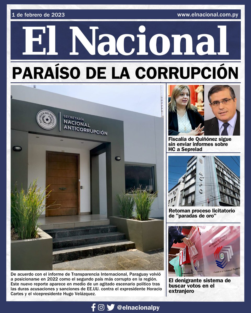 🔹TAPA 01/02/2023📰

📍 Paraguay nuevamente se posicionó en 2022 como el segundo país más corrupto de América del Sur y que apenas logró una puntuación de 28. Se ubica detrás de Venezuela, país que alcanzó en esta ocasión 14 puntos.
 
#ElNacional