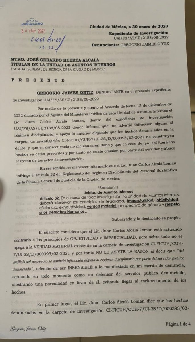 capultitlaGAM's tweet photo. @Claudiashein @ErnestinaGodoy_  Le pido se fiscalice al MP Juan Carlos Alcala Loman de la Unidad  Asuntos Internos FGJ CDMX ya que en lugar de atender mi DENUNCIA de manera objetiva e imparcial se ha dedicado a defender al servidorpúblico denunciado Exp. UAI/FS/AS/UI/2188/08-2022 https://t.co/RUA4Akfv65