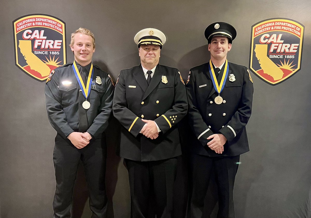 CALFIRELNU's tweet photo. Congratulations to firefighters Martin Newman, Cory Souza & Jared Gotro who were Medal of Honor recipients at last nights @CAL_FIRE Director's Awards ceremony. Gotro & Newman are pictured here with Unit Chief Mike Marcucci. They were honored for heroic acts in the #CacheFire. https://t.co/Zu4tsxP2IR