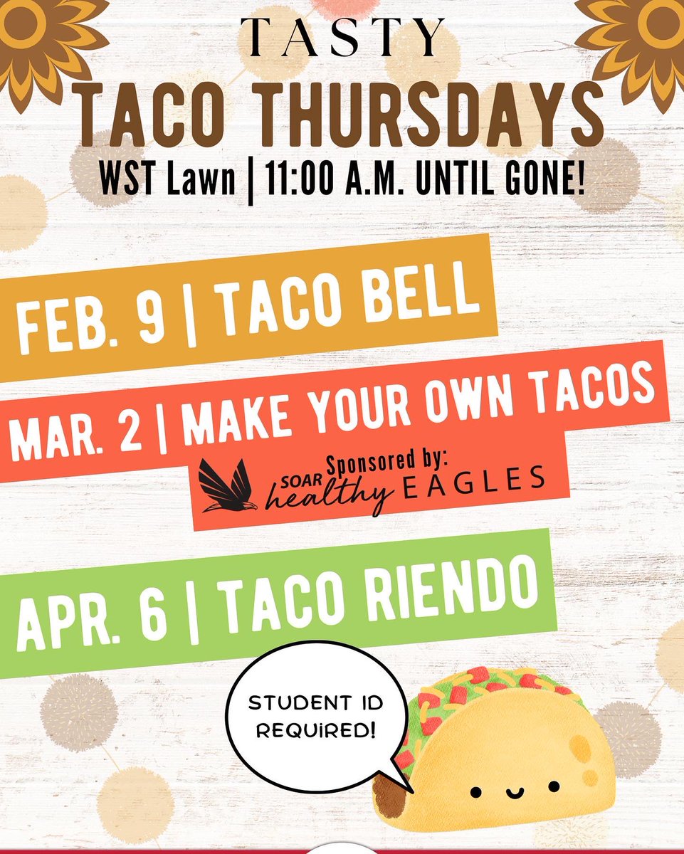 WeAreSalo's tweet photo. LET’S TACO BOUT IT!! 🌮

FREE TACOS for students w/ student ID. Come out on select dates starting at 11 am to get your 🌮. https://t.co/ckEu5r5dHo
