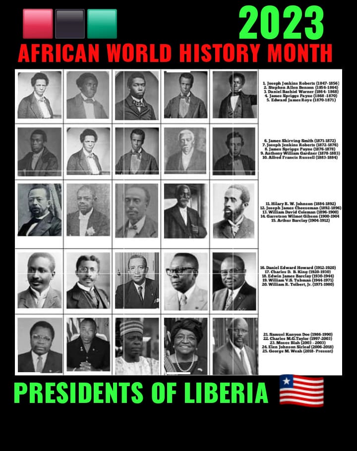 STSLiberia's tweet photo. Let us start the African World History Month with photographs of the presidents of our great nation Liberia.
Let's feed our minds, soul, spirits, and most importantly do it for Liberia. #AfricanWorldHistoryMonth
#liberiatheblackpride #ontheshouldersofgiants
#SaveTheState🇱🇷✊🏿 https://t.co/TAOz3sx3oH