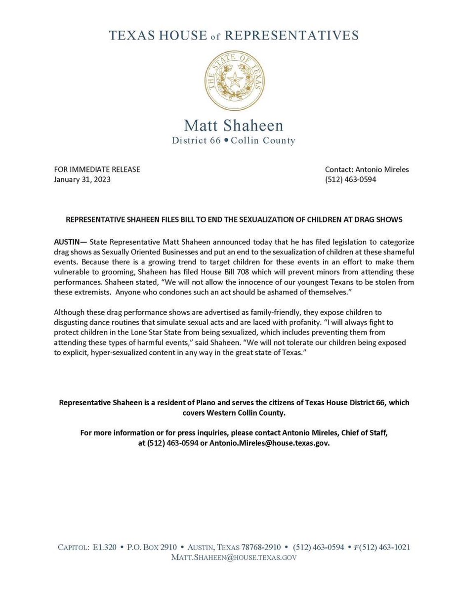 Texas will not allow children to be groomed with hyper-sexualized drag shows. I filed HB 708 to end this shameful conduct.