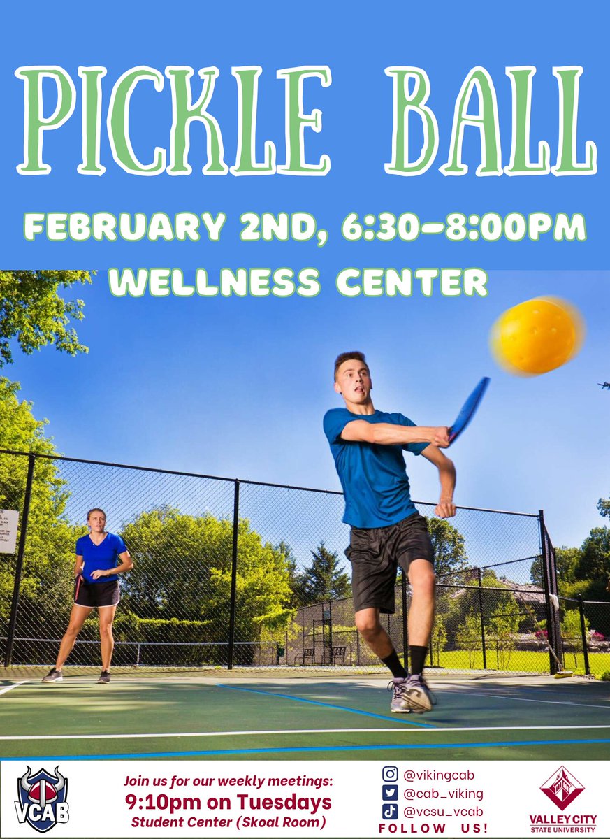 Join us tonight for PICKLE BALL! 🥒🏓
•
⏰ 6:30PM || Thursday, February 2nd
📍 Wellness Center
•
•
•
•
•
#PickleBall #VCAB #CampusActivities
